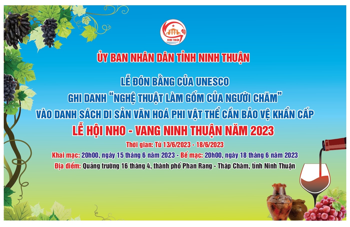 Lễ đón Bằng của UNESCO ghi danh Nghệ thuật làm gốm của người Chăm vào Danh sách di sản văn hóa phi vật thể cần bảo vệ khẩn cấp và Lễ hội Nho - Vang Ninh Thuận năm 2023